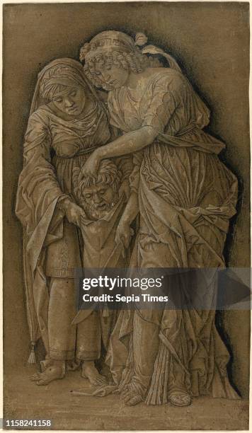 Follower of Andrea Mantegna, Judith with the Head of Holofernes, c. 1480, pen and dark brown ink with black chalk and white heightening on...