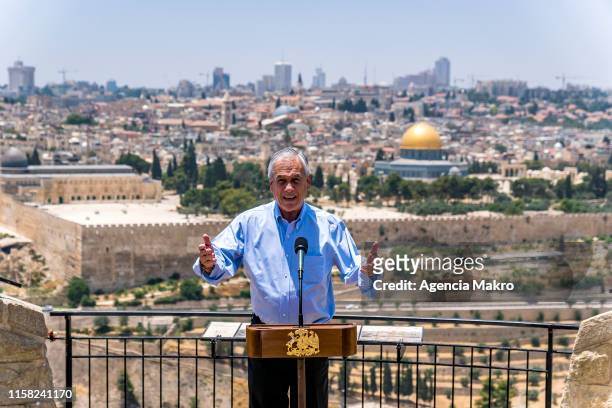 President of Chile Sebastián Piñera speaks during a press conference as part of his official visit to Israel at Mount of Olives on June 25, 2019 in...