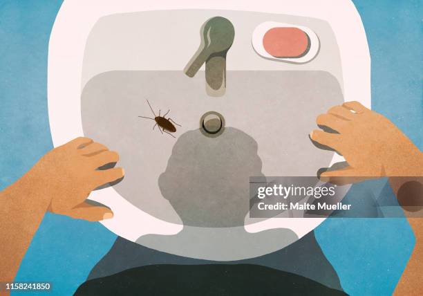 ilustrações, clipart, desenhos animados e ícones de shadow of man looking down at cockroach in bathroom sink - pia instalação doméstica