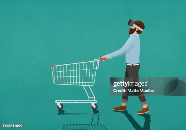 man with virtual reality simulator pushing shopping cart - pushing stock illustrations