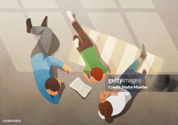 illustrazioni stock, clip art, cartoni animati e icone di tendenza di family relaxing, reading book - famiglia con figlio unico