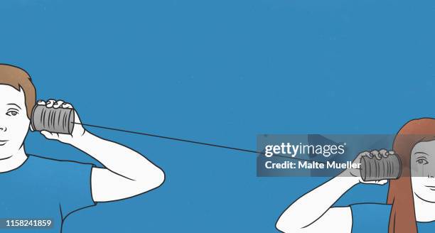 stockillustraties, clipart, cartoons en iconen met man and woman using tin cans as telephone - communicatieprobleem
