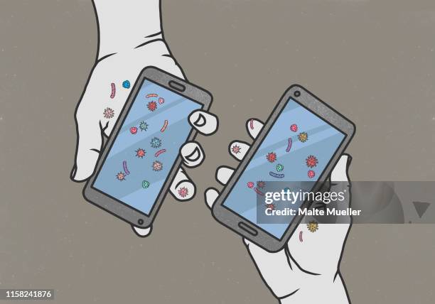 hands holding smart phones covered in bacteria - bacteria点のイラスト素材／クリップアート素材／マンガ素材／アイコン素材
