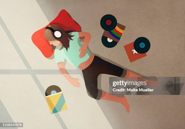 ilustrações de stock, clip art, desenhos animados e ícones de carefree girl with headphones listening to records - children indoor