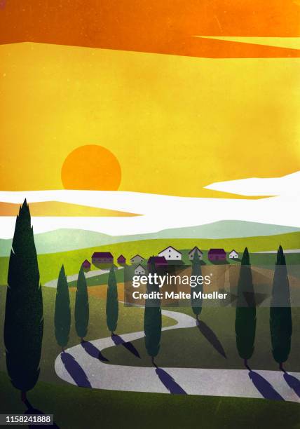 illustrations, cliparts, dessins animés et icônes de sun setting over idyllic rural community - summer landscape