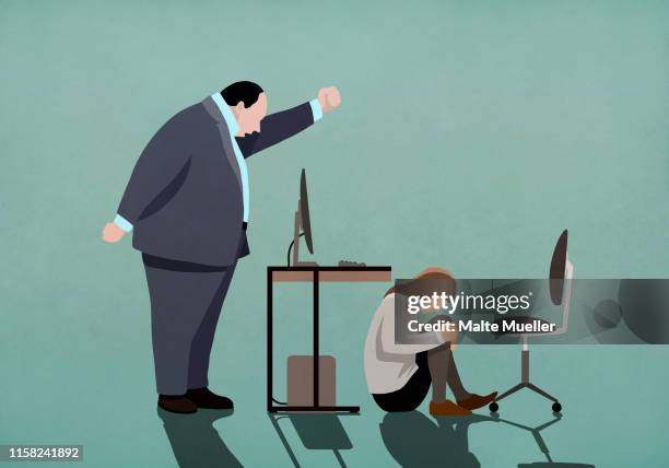 angry businessman threatening businesswoman crouched under desk - gewalt stock-grafiken, -clipart, -cartoons und -symbole