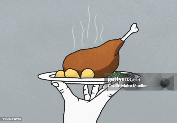hand holding tray with steaming chicken leg, potatoes and peas - chicken drumstick stock illustrations