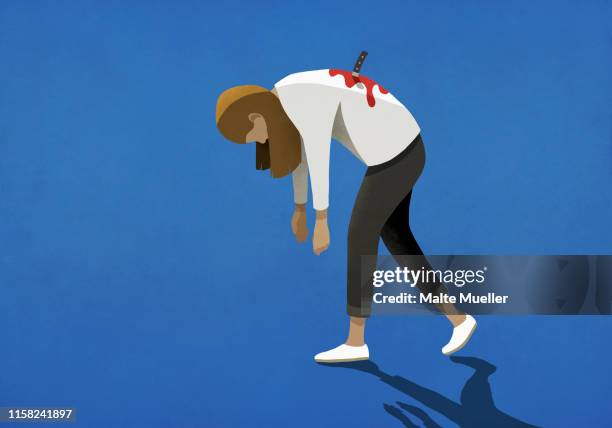 stockillustraties, clipart, cartoons en iconen met woman stabbed in the back with knife - kilt