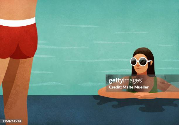 woman in swimming pool checking out man - zusehen stock-grafiken, -clipart, -cartoons und -symbole