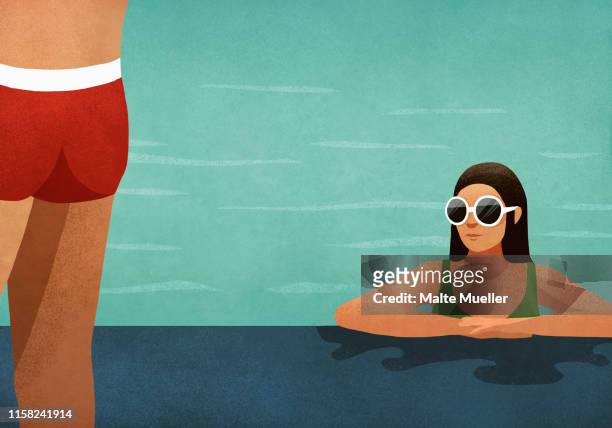 woman in swimming pool checking out man - holiday stock illustrations