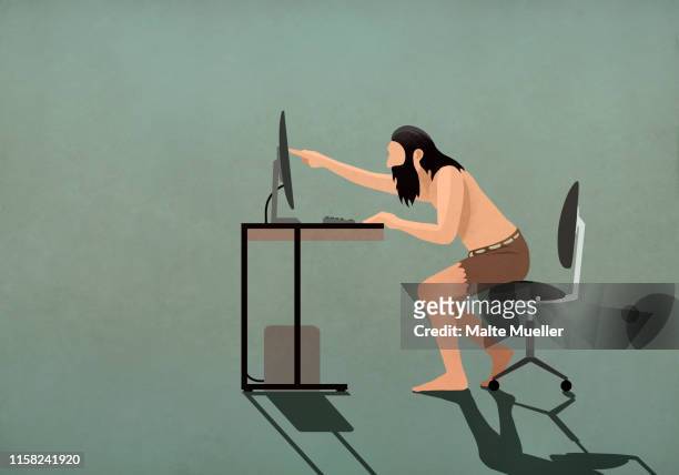 stockillustraties, clipart, cartoons en iconen met caveman touching computer screen - caveman