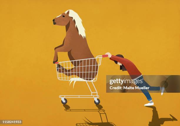 girl pushing shopping cart with pony - excess stock illustrations