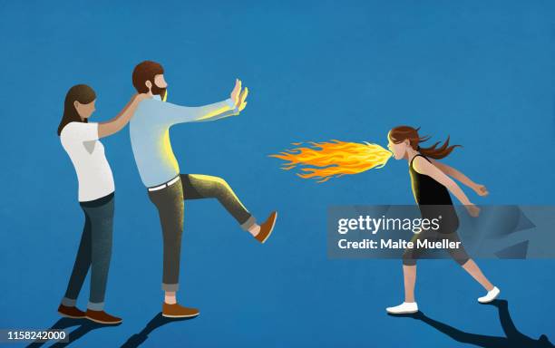 ilustraciones, imágenes clip art, dibujos animados e iconos de stock de angry girl breathing fire toward parents - looking ill humored