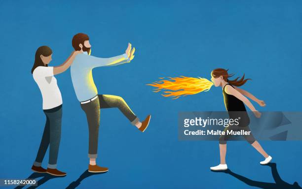 angry girl breathing fire toward parents - family stock illustrations