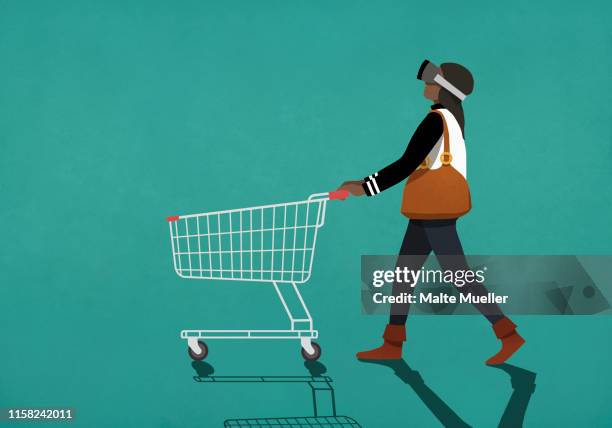 woman with virtual reality simulator pushing shopping cart - commercial activity stock illustrations