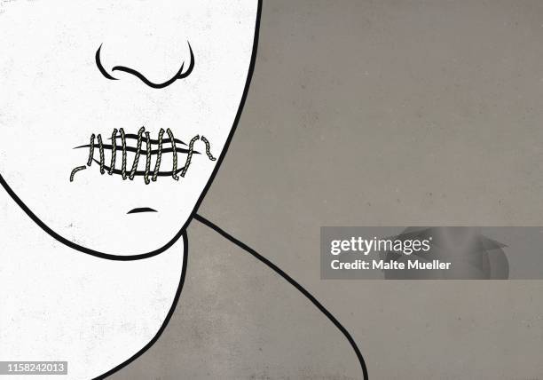 illustrazioni stock, clip art, cartoni animati e icone di tendenza di string sealing mans lips - problemi di comunicazione