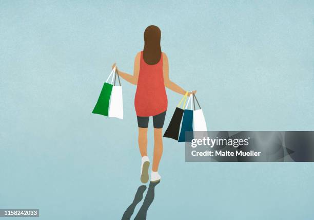 woman carrying shopping bags - braunes haar stock-grafiken, -clipart, -cartoons und -symbole