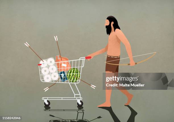 bildbanksillustrationer, clip art samt tecknat material och ikoner med caveman with bow and arrow pushing shopping cart - grottman