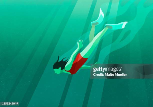 woman diving underwater in ocean - taucher stock-grafiken, -clipart, -cartoons und -symbole