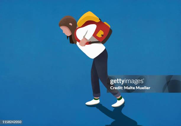 ilustraciones, imágenes clip art, dibujos animados e iconos de stock de girl bogged down by heavy backpack - one girl only