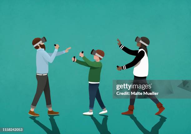 ilustraciones, imágenes clip art, dibujos animados e iconos de stock de family using virtual reality simulators - ordenador para utilizar como accesorio