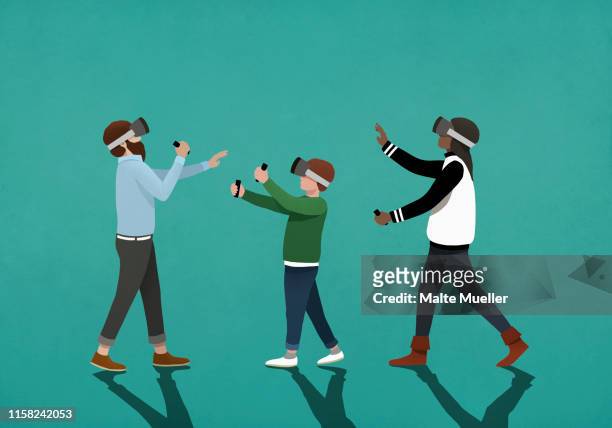 family using virtual reality simulators - virtual reality stock illustrations