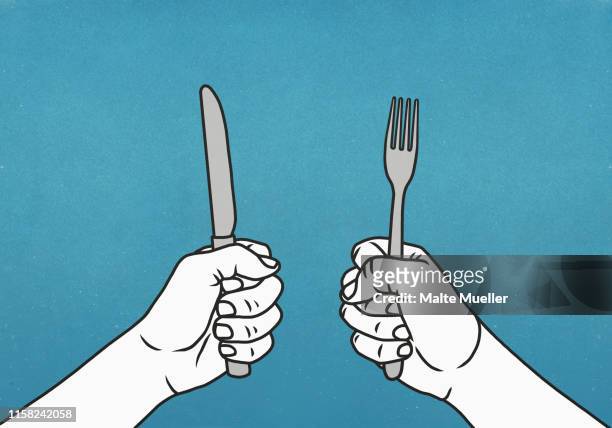 hungry hands holding fork and knife - schneiden stock-grafiken, -clipart, -cartoons und -symbole