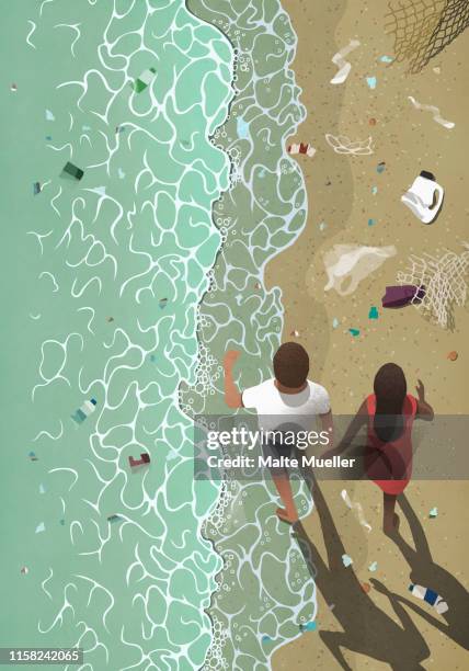 couple walking on polluted ocean beach - pet bottle stock illustrations