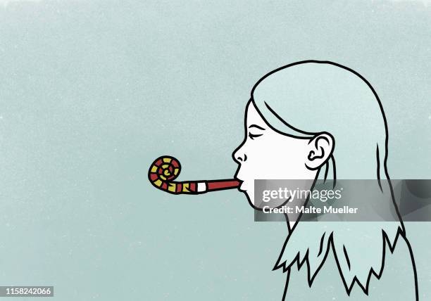 girl blowing party favor - ein mädchen allein stock-grafiken, -clipart, -cartoons und -symbole