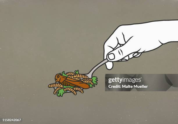 stockillustraties, clipart, cartoons en iconen met maggots and cockroach on spoon - insect eating