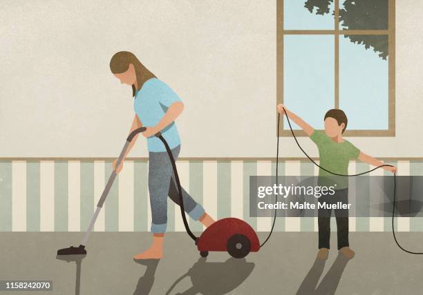 bildbanksillustrationer, clip art samt tecknat material och ikoner med son helping mother vacuum carpet - rutin