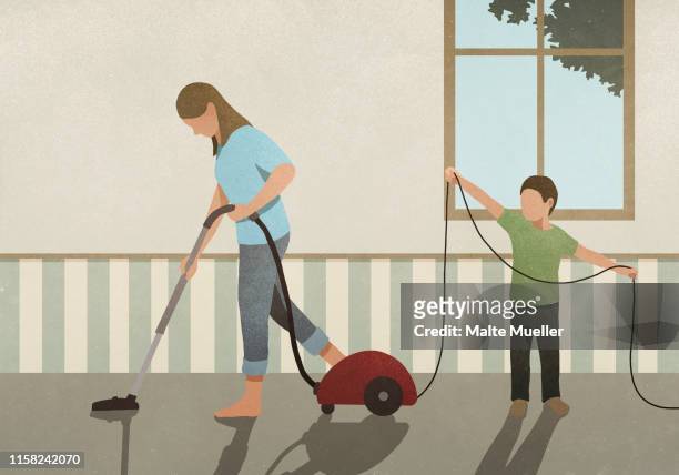 son helping mother vacuum carpet - single mother stock illustrations
