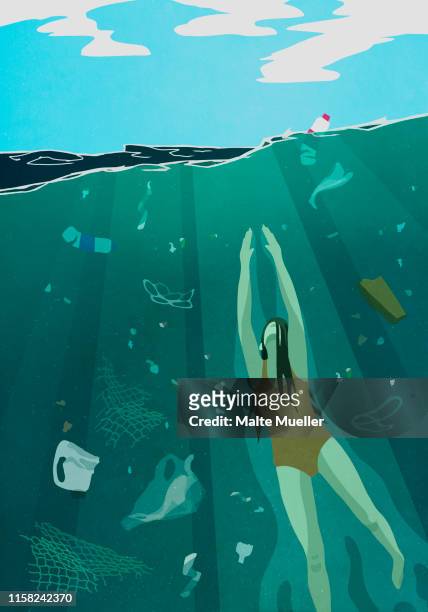 illustrations, cliparts, dessins animés et icônes de woman swimming underwater in ocean surrounded by pollution - pollution