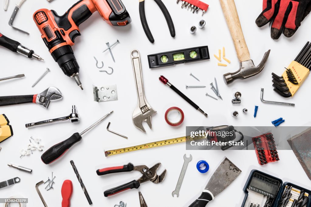 View from above tools on white background - knolling