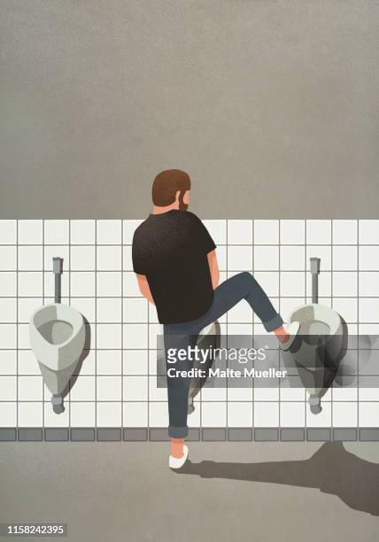man urinating with leg up on urinal - people peeing 幅插畫檔、美工圖案、卡通及圖標