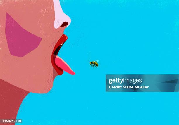 stockillustraties, clipart, cartoons en iconen met bumble bee entering womans mouth - tongue