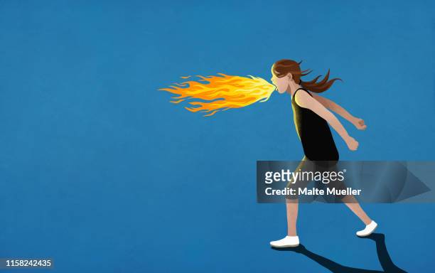 ilustraciones, imágenes clip art, dibujos animados e iconos de stock de angry girl breathing fire - looking ill humored
