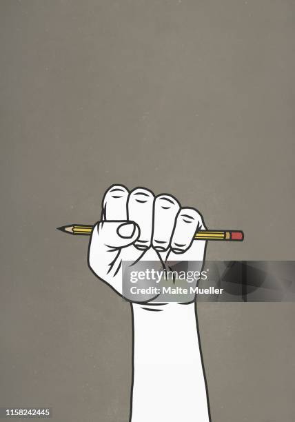 ilustrações, clipart, desenhos animados e ícones de fist gripping pencil - courage