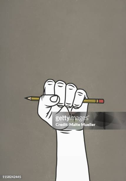 fist gripping pencil - education stock illustrations
