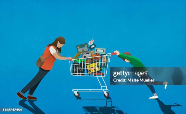 mother resisting son pushing shopping cart full of toys - refusing点のイラスト素材／クリップアート素材／マンガ素材／アイコン素材