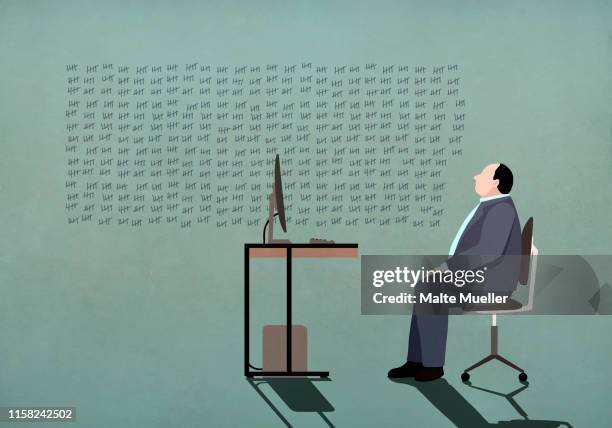 businessman at computer looking at tally marks on wall - informationsüberflutung stock-grafiken, -clipart, -cartoons und -symbole