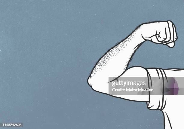 illustrazioni stock, clip art, cartoni animati e icone di tendenza di man with hairy arms flexing biceps - sport determination