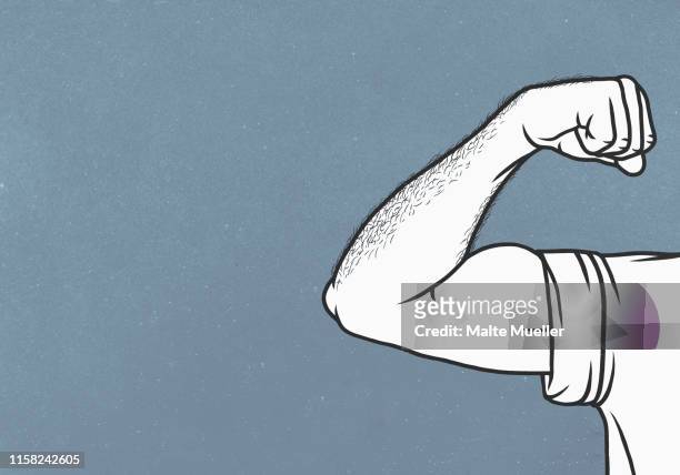 ilustrações de stock, clip art, desenhos animados e ícones de man with hairy arms flexing biceps - musculado
