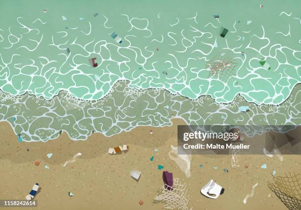 stockillustraties, clipart, cartoons en iconen met view from above pollution on ocean beach - careless