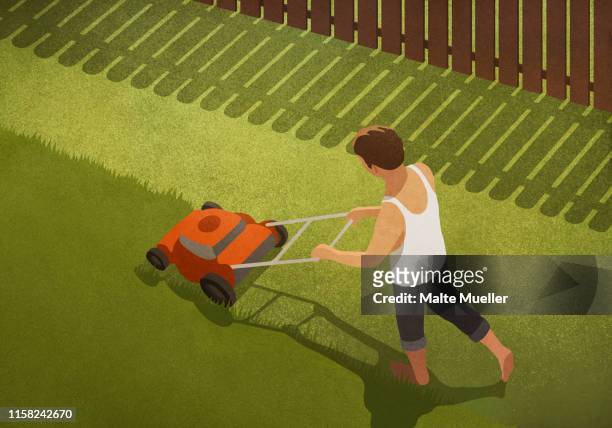 ilustrações, clipart, desenhos animados e ícones de barefoot man mowing lawn in backyard - routine