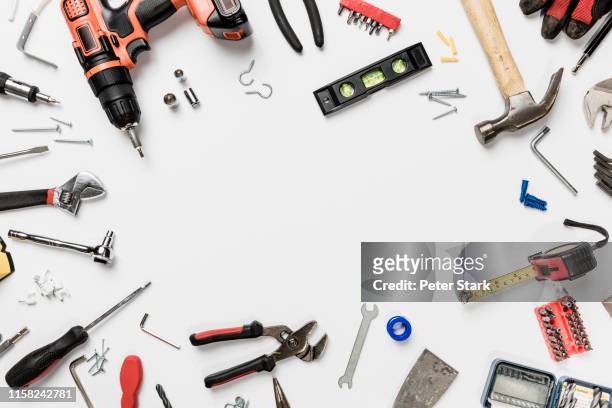 view from above tools in circle on white background - knolling - knolling tools stock pictures, royalty-free photos & images