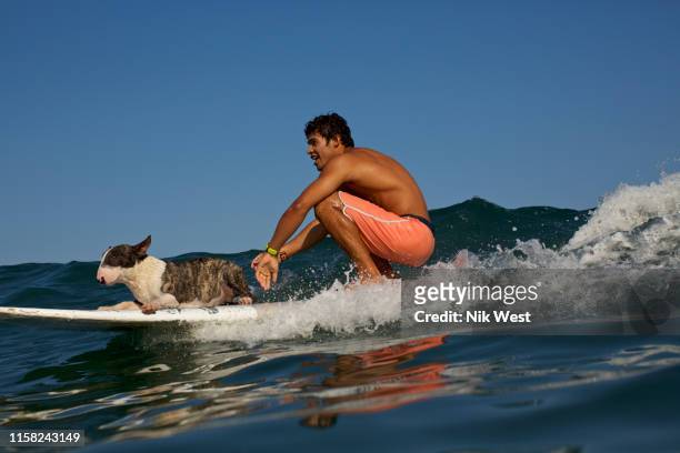 Young man and dog riding surfboard on ocean wave