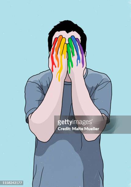stockillustraties, clipart, cartoons en iconen met man covering face with rainbow painted hands - gay