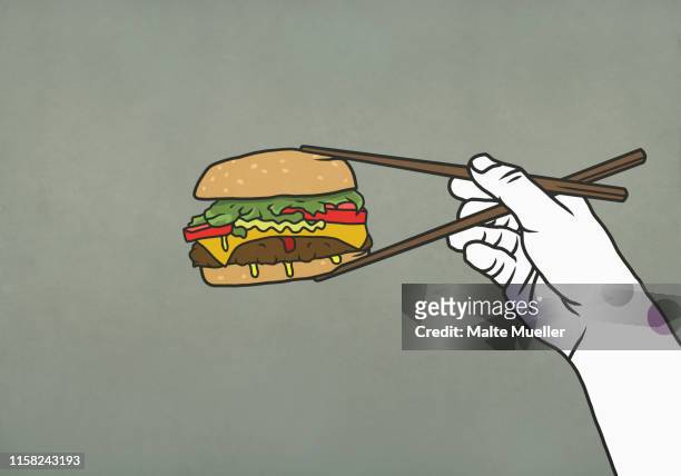 illustrations, cliparts, dessins animés et icônes de man eating cheeseburger with chopsticks - convenience