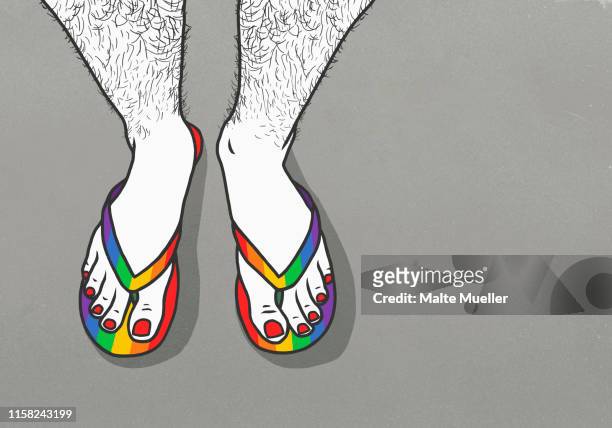 ilustrações, clipart, desenhos animados e ícones de man with hairy legs and painted toenails wearing rainbow flip-flops - sandal